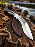 Handmade hand-forged carbon steel kukri knife with hand-engraved blade, Jerusalem cross, wenge wood handle and tooled leather sheath - full view