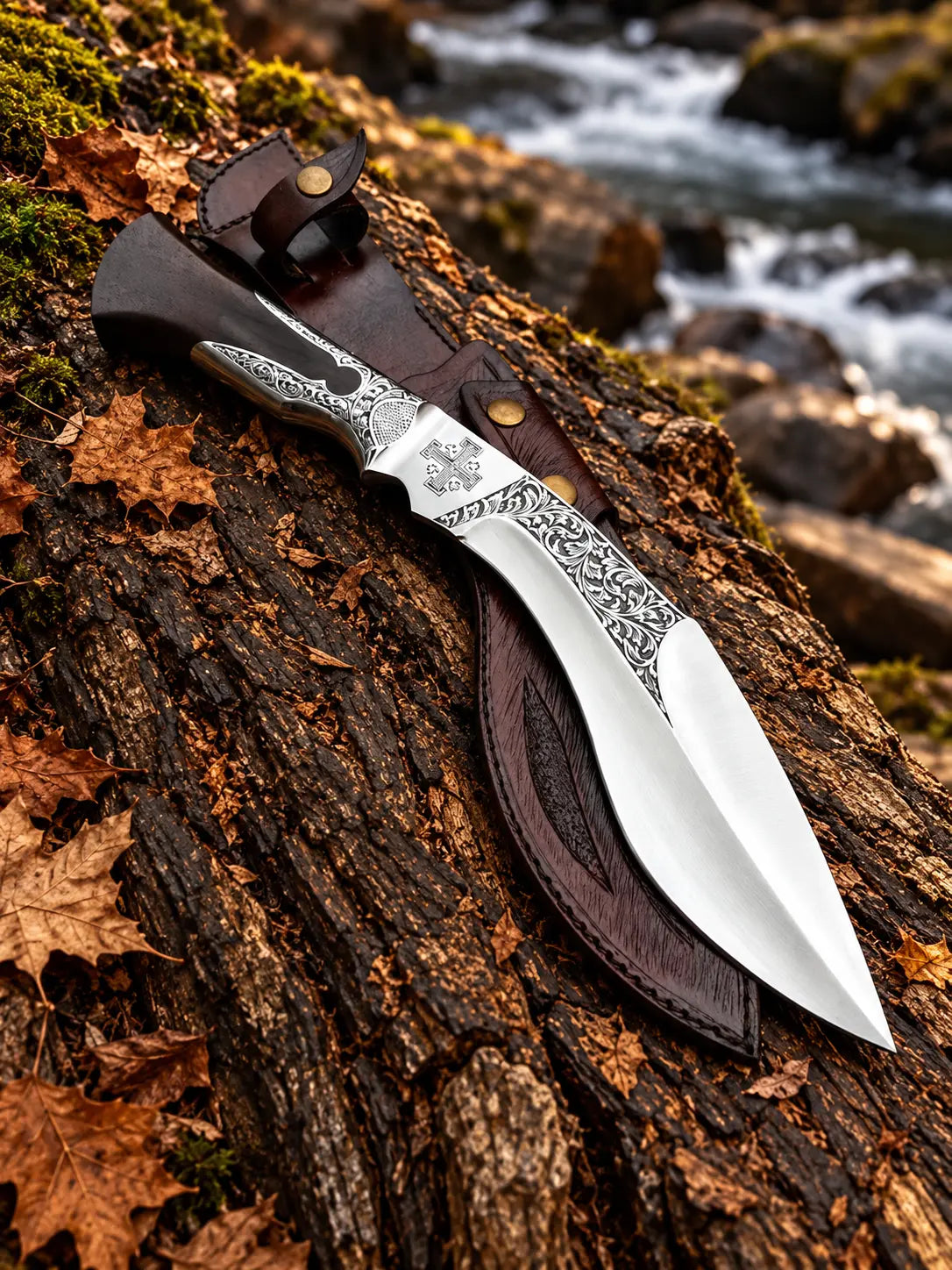 Hand-engraved carbon steel kukri knife blade with scrollwork and Jerusalem cross - angle 2