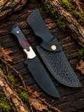 Handmade black D2 steel skinner knife with powder coat blade, red and black resin handle, brass bolsters and black Italian leather basket-weave sheath