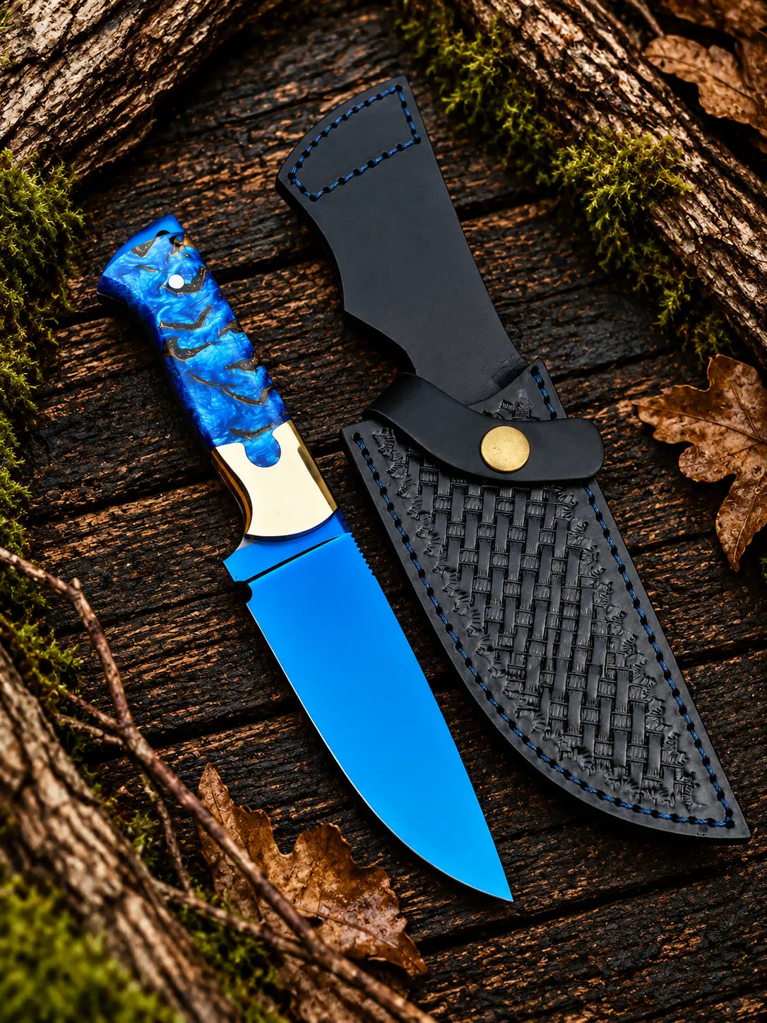 Handmade D2 steel skinner knife with blue anodized blade, blue pinecone handle scales, brass bolsters and black Italian leather basket-weave sheath