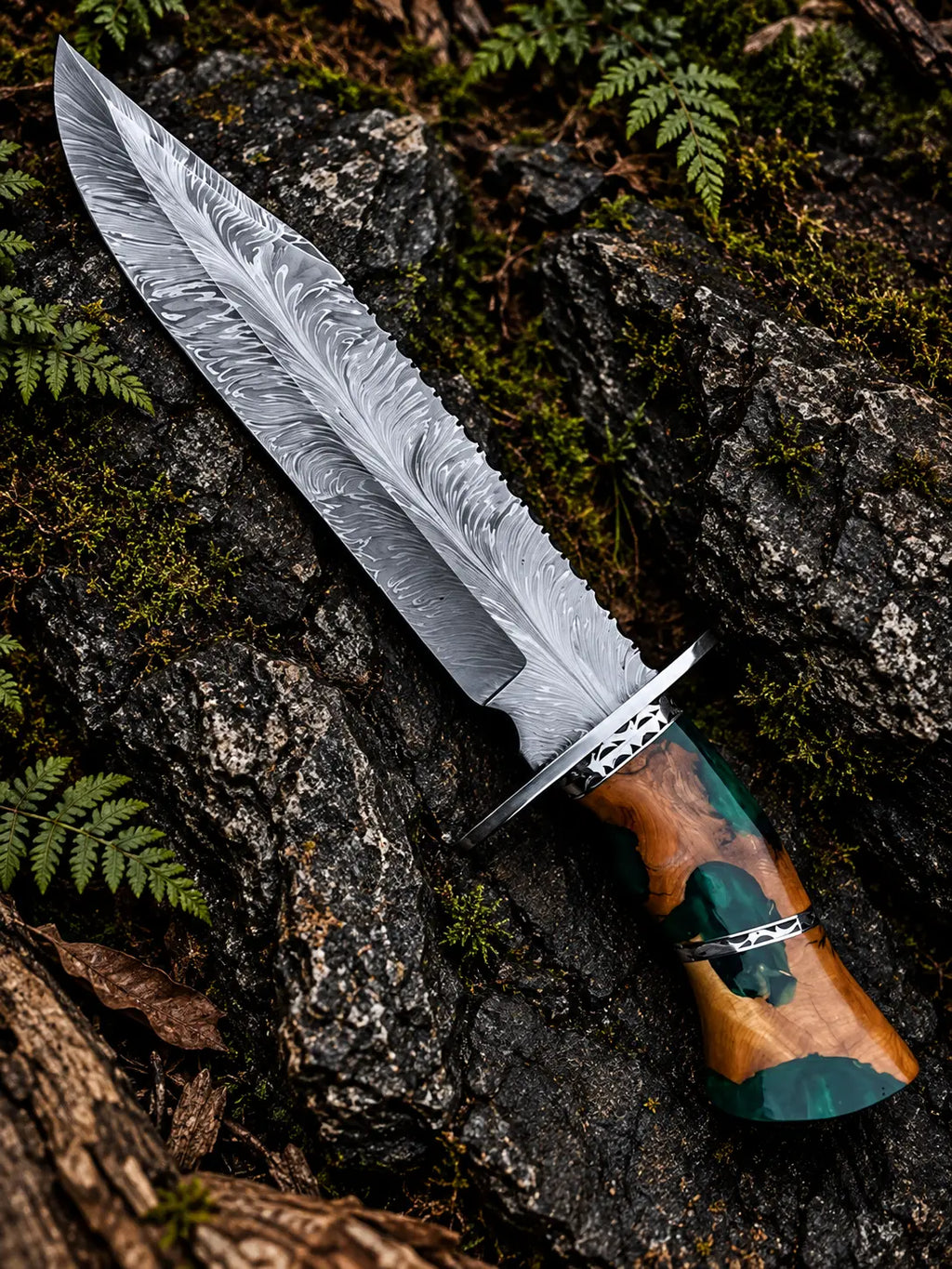 Handmade Damascus feather bowie knife with feather pattern blade, filework steel guard and green resin and wood handle