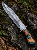 Handmade Damascus feather bowie knife with feather pattern blade, filework steel guard and green resin and wood handle