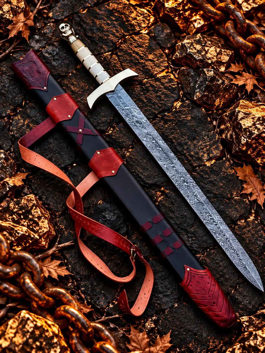 Handmade Damascus skull sword with brass guard, bone grip, brass spacers, skull head pommel and leather wood scabbard with belt