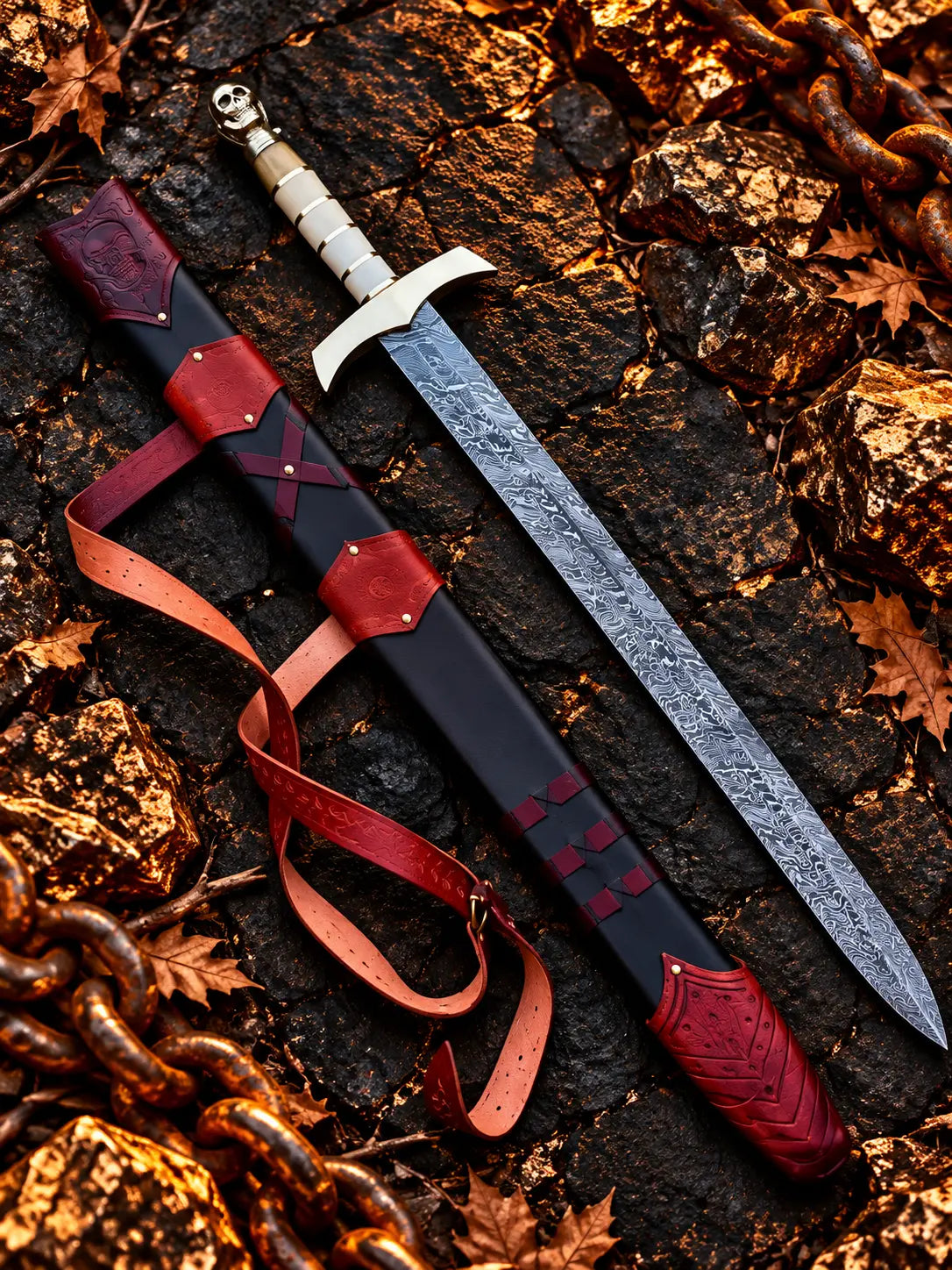 Handmade Damascus skull sword with brass guard, bone grip, brass spacers, skull head pommel and leather wood scabbard with belt