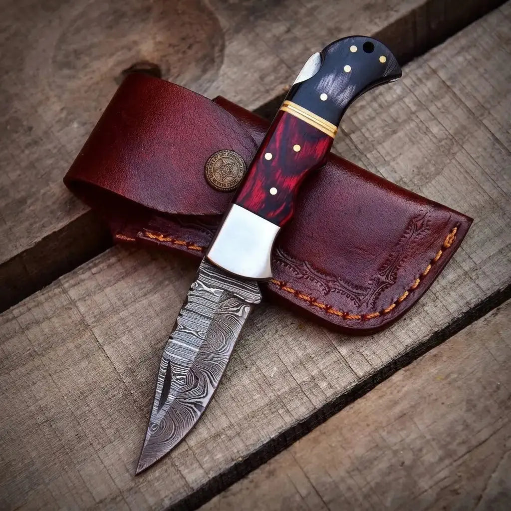 Handmade Damascus steel folding pocket knife with leather sheath