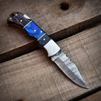 Damascus Steel Folding Pocket Knife – Blue Wood Handle & Leather Sheath Lycan Handmade Style