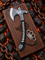 Handmade hand engraved tomahawk axe with skull and snake design, black leather wrapped handle and engraved wooden gift box