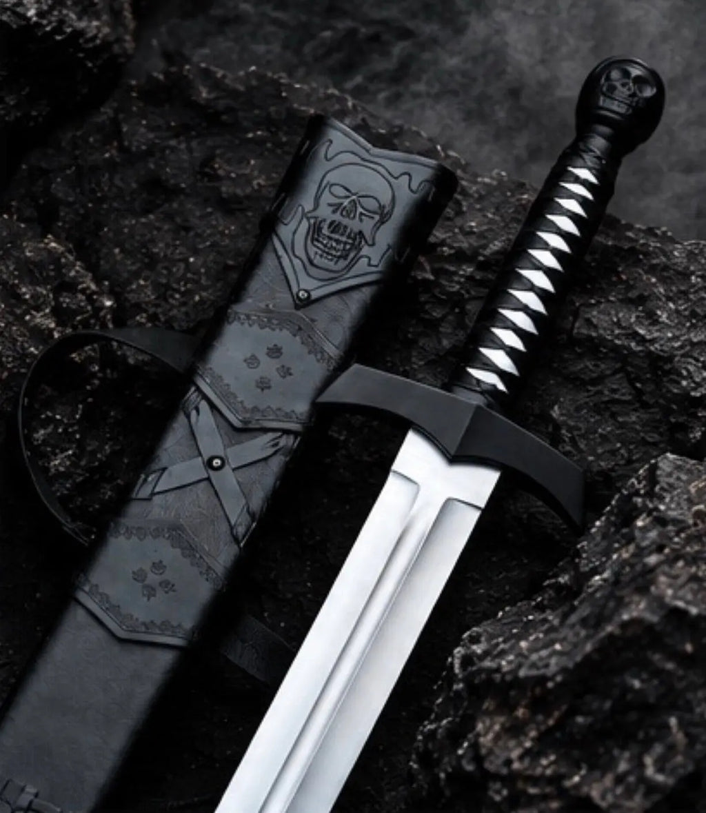 Handmade skull sword with leather scabbard, carbon steel blade and skull pommel - angle 3