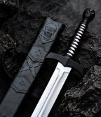 Handmade skull sword with leather scabbard, carbon steel blade and skull pommel - angle 3