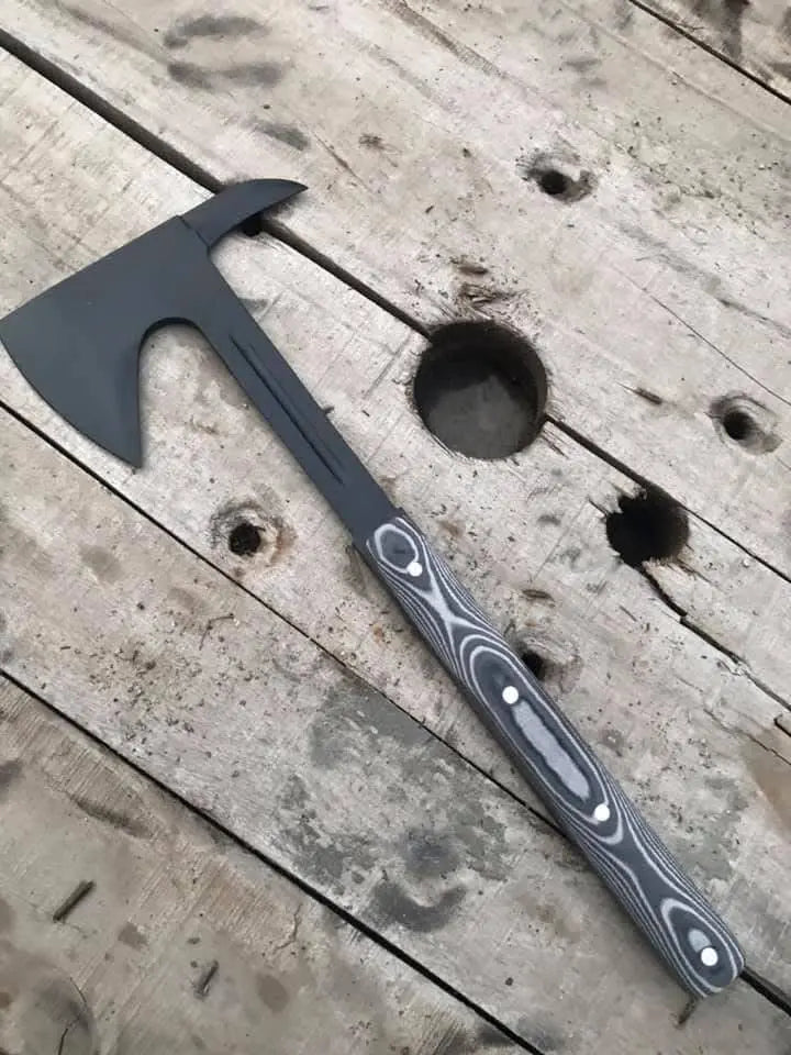 Handmade tomahawk axe with spike and layered handle - full view