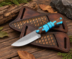 Hand-tooled basketweave leather sheath for turquoise inlay skinner knife