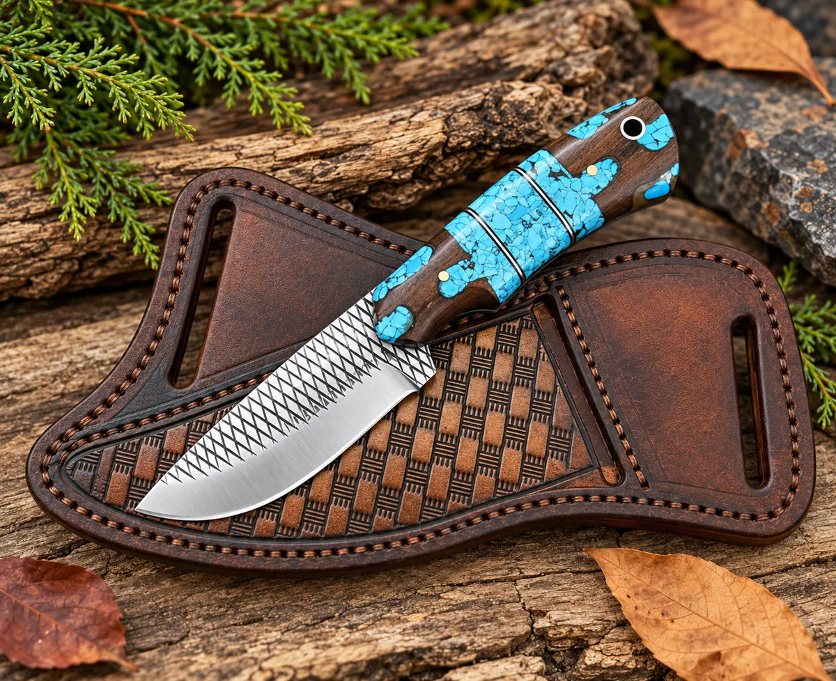 Turquoise inlay skinner knife on wood background - side angle