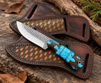Turquoise inlay skinner knife with leather sheath - full length view