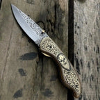 Handmade skull handle folding pocket knife - full view