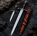Handmade Templar style sword set with long sword and short sword, cross pattée pommels, engraved crossguards, leather-wrapped grips and leather scabbard