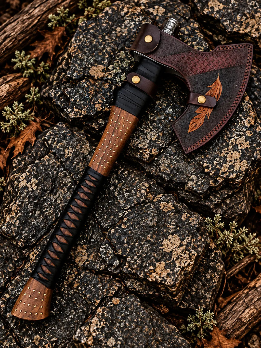 Hand-engraved Viking axe head with Damascus top piece - angle 2