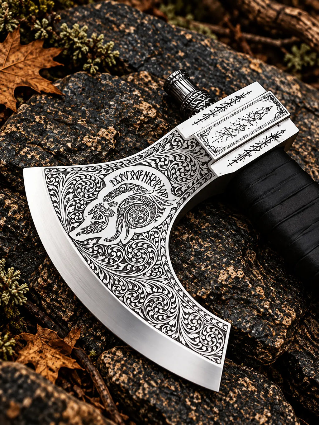 Handmade Viking axe with wood handle and brass pins - angle 3