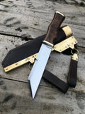 Handmade Viking seax knife with D2 steel blade, wood handle, brass bolster and brass-fitted leather sheath with hanging straps - full view