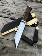 Handmade Viking seax knife with D2 steel blade, wood handle, brass bolster and brass-fitted leather sheath with hanging straps - full view