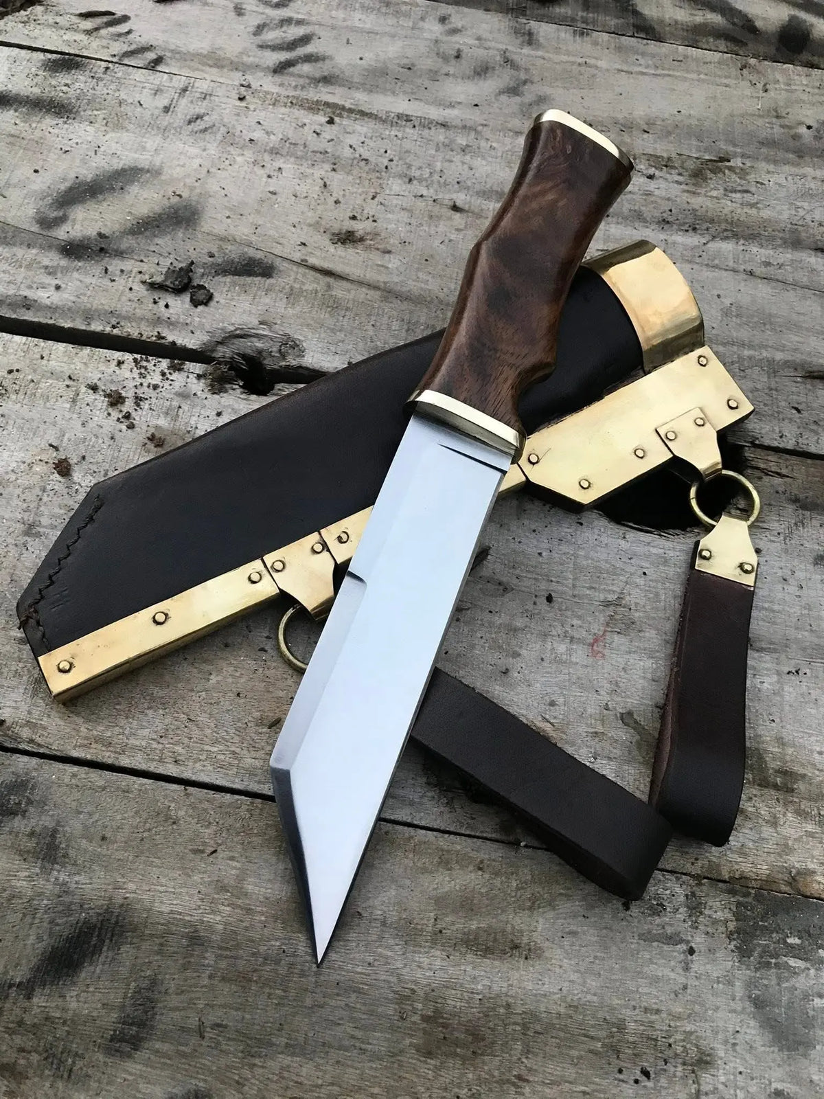 Handmade Viking seax knife with D2 steel blade, wood handle, brass bolster and brass-fitted leather sheath with hanging straps - full view