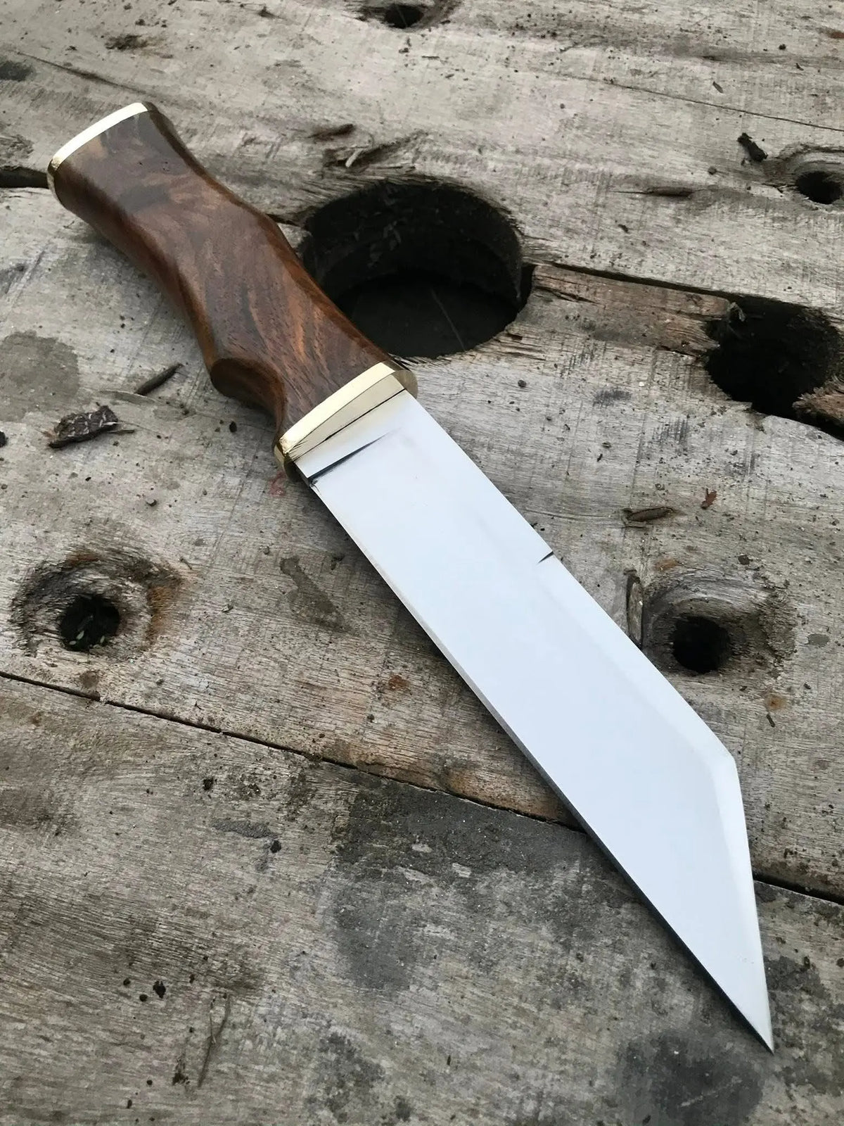 Viking seax knife wood handle with brass bolster and brass end cap - angle 3