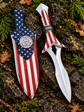 Handmade Viking style American flag knife with polished steel blade, red and white striped handle, Celtic collar and matching flag sheath with triquetra emblem