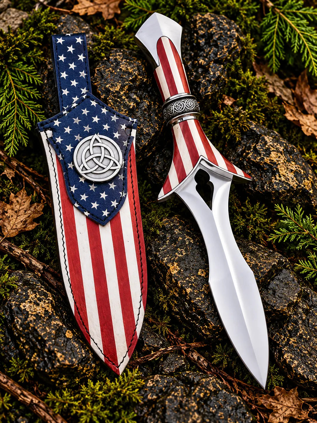 Handmade Viking style American flag knife with polished steel blade, red and white striped handle, Celtic collar and matching flag sheath with triquetra emblem
