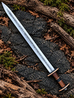 Damascus pattern fuller on Viking sword blade close-up