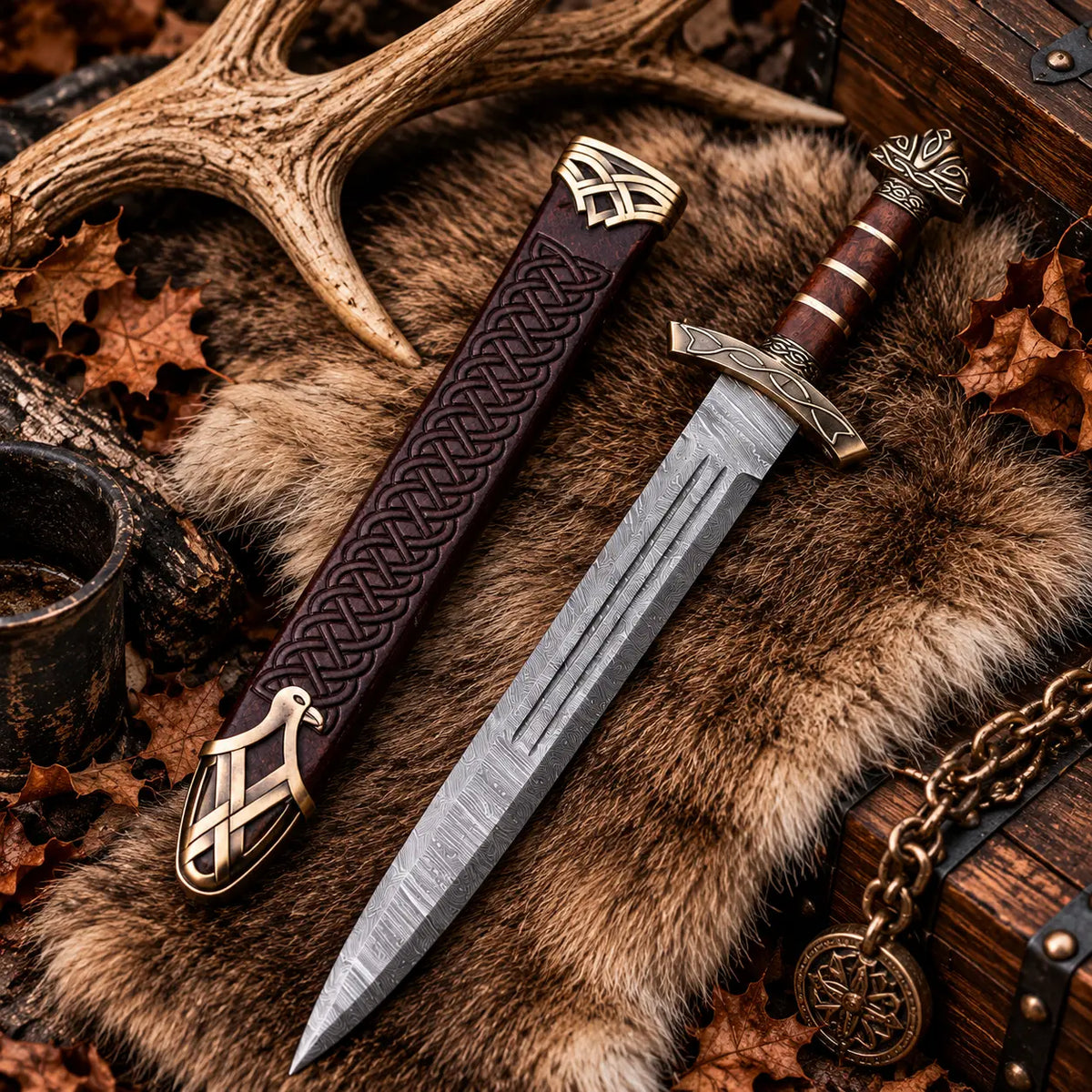 Handmade Viking sword with twist pattern Damascus steel blade, brass-tone guard and pommel, wood handle and embossed Celtic knotwork leather scabbard