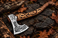 Handmade Viking wolf axe with forged carbon steel head, etched Norse design and hand-carved wood handle with wolf head - full view